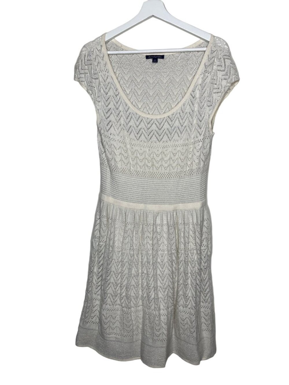 American Eagle Womens L White Crochet Sweater Dress Metallic Fit Flare
